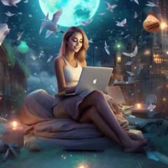 A woman enjoys a fantasy world working on her Threads Meat app social media business.